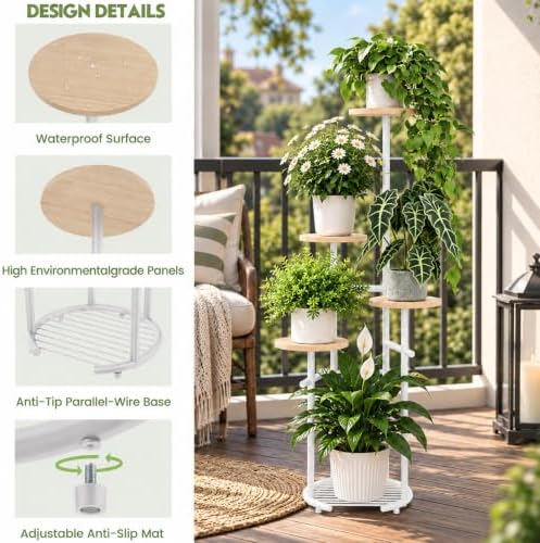 TOSKING 5-Tier Round Wood Corner Plant Stand Indoor, Anti-Tip, Oak & White - Image 6