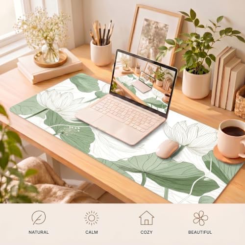 Sage Green Desk Mat, Botanical Lotus XXL Mouse Pad 35.4x15.7in - Image 7