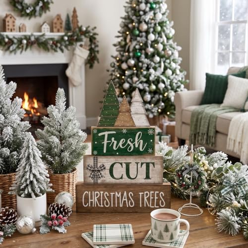 Moucuny 4 Pcs Christmas Table Decorations, Rustic Tree Stacked Wood Signs by Moucuny