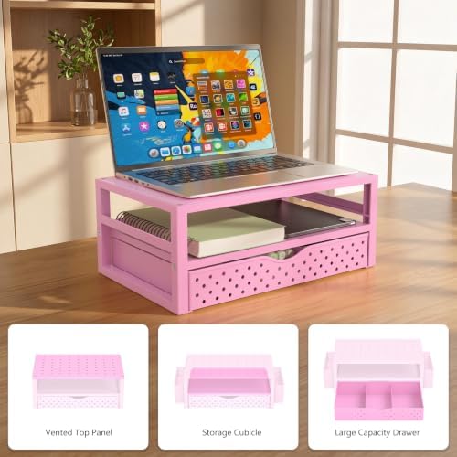 WALI Desk Organizer with Drawer,Computer Monitor Stand with Storage, Desk Organizers and Accessories for Computer, Printer, Laptop Riser for Home Office Supplies, (PTT005-P), 1 Pack, Pink - Image 7