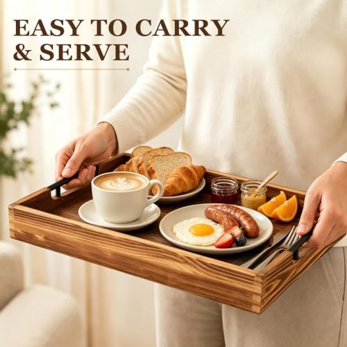 LotFancy Wood Serving Tray with Metal Handles, 17x13 Inch Tray for Ottoman - Image 6