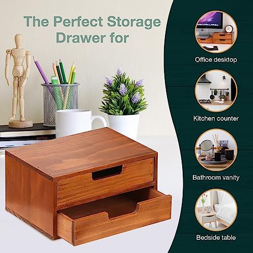 Double Drawer Desktop Storage Organizer in a Modern Wood Design (9.8”x6.9”x 5.1”) 2-Drawer Stackable Drawer Unit - Wood Monitor Riser (1-Pack) - Image 6