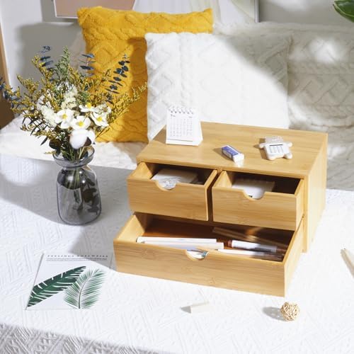 Charmewooden Bamboo Desk Organizer with 3 Drawers, Countertop Organizer with Drawers Makeup Storage Drawer 3 Drawers Tabletop Storage Organization Box Home Office Workspace - Image 6