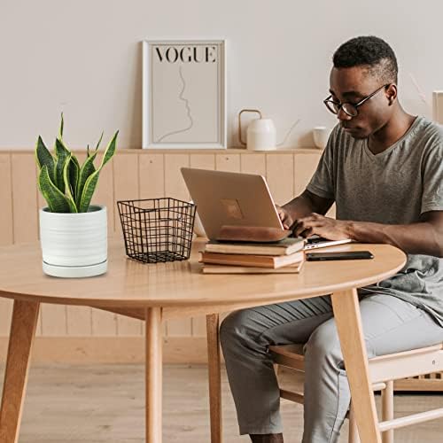 HERDUK 6 Inch Plant Pots, Ceramic Planter Pot with Drainage Hole & Saucer, Indoor/Outdoor Cylinder Round Planter Pot, Matte White - Image 6