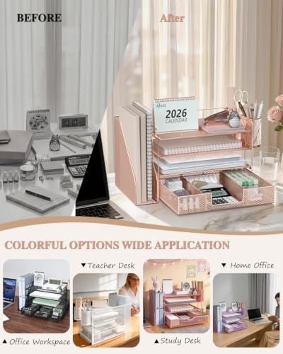 WALI Desk File Organizer, 4 Tier Desktop Paper Letter Tray Organizer with Drawer and 2 Pen Holders, Office Desk Accessories & Workspace Organizers for Office, Home, School Supplies, 1 Pack, Rose Gold - Image 6