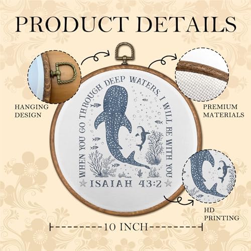 OFJE Whale Shark Christian Wall Art Decor, Isaiah 43:2 Bible Verse Round Wall Hanging Decor, Religious Scripture Framed Canvas Prints for Church Home Bedroom Living Room Decorations, 10x10 Inch - Image 6