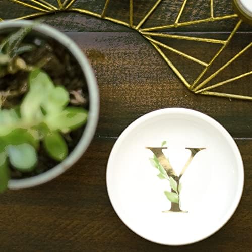 Trinket Tray Ring Dish with Personalized Y in Gold Foil and Greenery - White Ring Dish - Monogrammed Trinket Dish or Jewelry Bowl - Cedar & Ink (Y) - Image 2