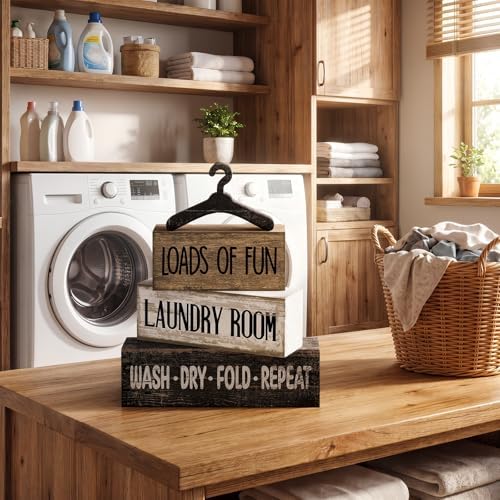 Moucuny 4 Pcs Laundry Room Decor Wooden Signs Rustic Farmhouse Block - Image 6