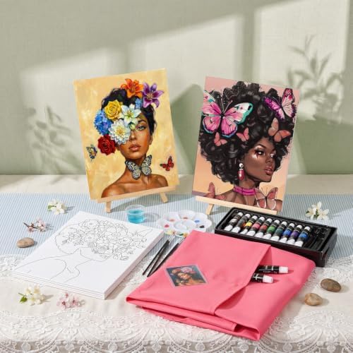 Cholemy 6 Set Paint and Sip Kit for Adults 8"x 10" Pre Drawn Canvas Painting with Wooden Easel Acrylic Paint Wash Cup Brushes Palette Apron for Painting DIY Adult's Date Party Supplies(Flower Lady) - Image 6