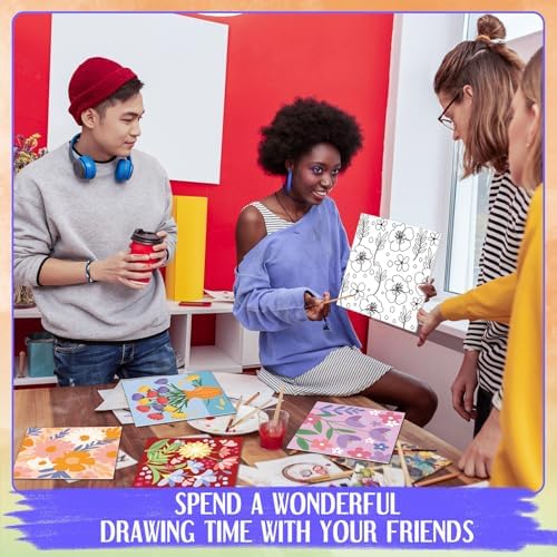 Teling 12 Pcs Pre Drawn Stretched Canvas Kit for Adults Painting Pre Printed Canvas Outline for DIY Painting Party Favor,6 x 6 x 0.6 Inches(Flower) - Image 6