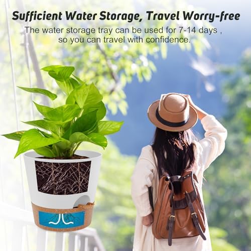 YNNICO 10 inch Plant Pots, Self-Watering Planters with Drainage Holes & Saucers for Indoor and Outdoor Plants (2-Pack,White - Image 6