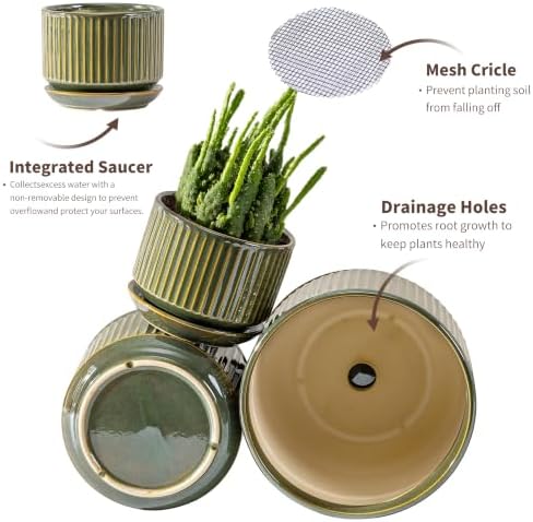 SURE YUESI Ceramic Plant Flower Pots for Indoor Plant, 4.33"+5.5"+6.88", Set of 3, Orchid Pot with Drainage Hole, Saucer and Hole Mesh Pad for Succulents, Herbs and African Violet (Light Green) - Image 7