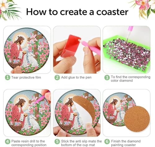NEGEKFKX 8 Pcs Easter Diamond Art Painting Coasters Kits,Christianity Coaster with Holder for Adults, Non-Slip DIY Dot Paint Craft Kits,5D Full Drill DIY Diamond Dot Gem Art Kit Home Decor Arts Craft - Image 7