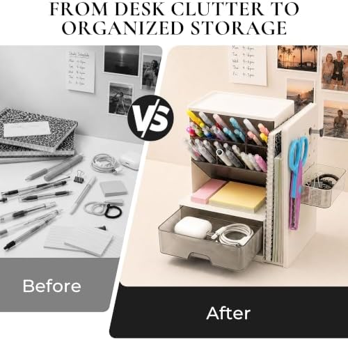 Desk Organizer with Drawer, Pen Holder with Slanted Pen Grooves White - Image 6