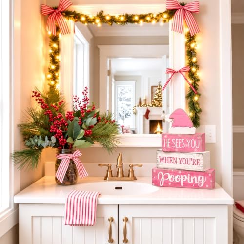 Moucuny 4 Pcs Funny Christmas Bathroom Decor Pink Santa Hat Wooden Signs - Image 6