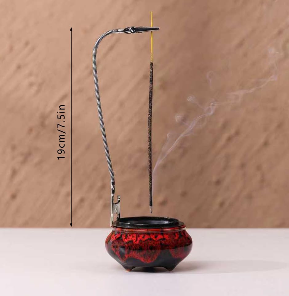 Incense Burner with Calabash Incense Stick Holder - Porcelain Charcoal Censer for Use with Resin Granular Powder Cone or Coil Incense (Fambe Red) - Image 6