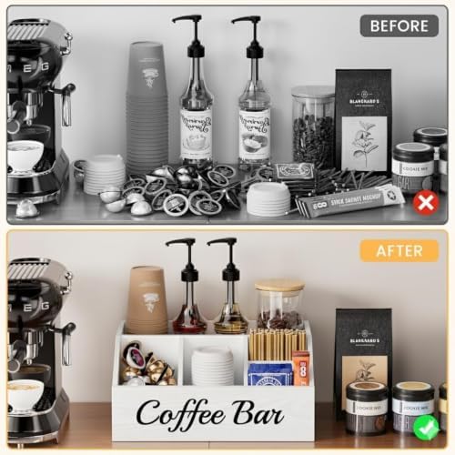 2 Pack Coffee Station Organizer for Countertop – Wooden Coffee Bar Organizer with Adjustable Dividers,Holds K Cup Pod & syrup bottles, for Kitchen, Office, or Bar and Tea Station, White - Image 6