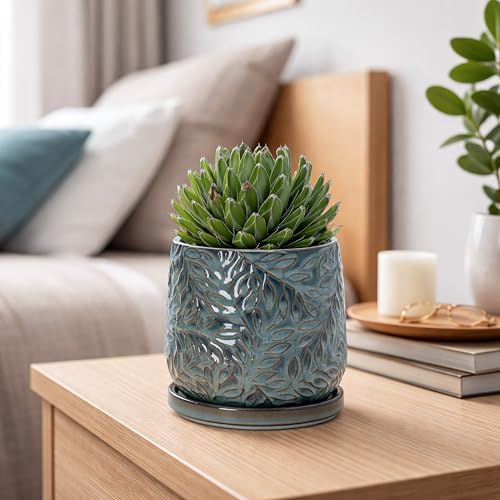 D'vine Dev Embossed Leaves Ceramic Planter, 5 in, Ocean Teal, 27-A-V-8 - Image 7