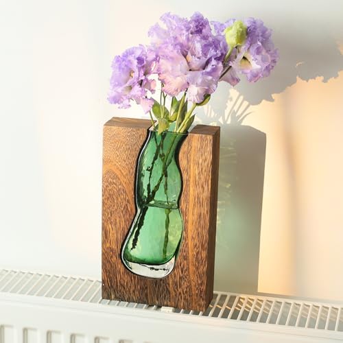 Wood and Glass Inlay Vases Farmhouse Wooden Glass Flower Vase Solid Wood Glass Vase Home Decor Vases for Centerpiece (9.45 Inches) - Image 6