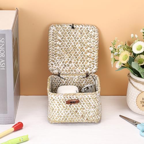 Hipiwe Handwoen Seagrass Basket with Lid Mini Woven Wicker Box,3.5"x3.5"x2" - Image 7