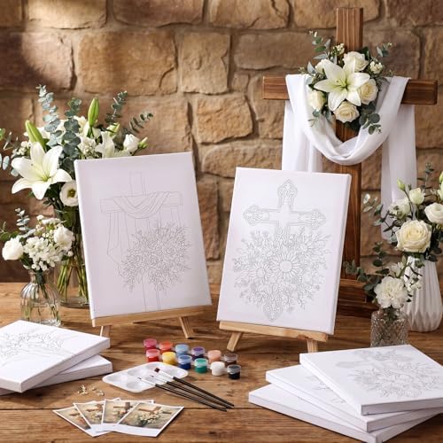 8 Sets 8" x 10" Cross and Flowers Pre Drawn Canvas for Painting for Sip and Paint Party Religious Floral Predrawn Coloring Set Pre Sketched Canvas Boards with Paints and Brushes for Adult - Image 6
