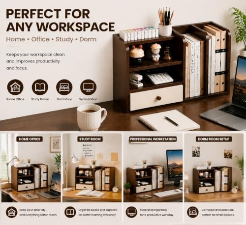 Desktop Organizer with Drawer & Dual File Compartments, Multi-Functional MDF Desk Storage Rack with 3-Tier Shelves and Pen Holder, Space Saving Desk Organizer 22.0×10.6×6.7 Inch for Study Room - Image 5