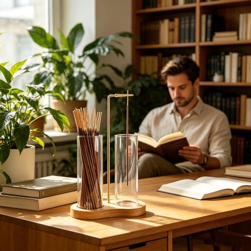 Glass Natural Incense Holder,Warm Minimalism Incense Sticks Burner Holder with Storage,Hang Upside Down Incense Holder for Sticks with Glass Ash Catcher for Meditation Yoga Room (Natural) - Image 6