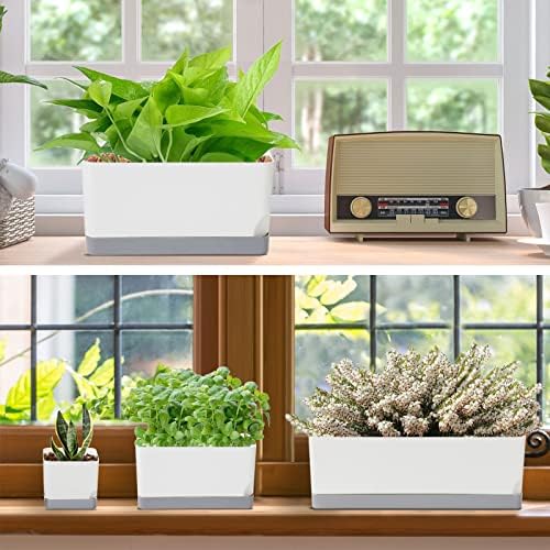 Self Watering Planters Pots for Indoor Plants, 7 Pack Plastic Planter Box Flower Pots for Indoor Outdoor Plants, Rectangle Herb Planter Window Boxes Planterswith Drainage, Light Gray Tray - Image 6