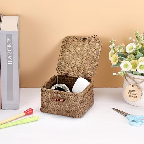 Hipiwe Handwoven Seagrass Basket Bin Small Decorative Shelf Basket Boxes with Lid Wicker Storage Baskets Bins Multipurpose Table Organizer for Key Home Decor, 4.7"L x 4.7"W x 3"H - Image 7