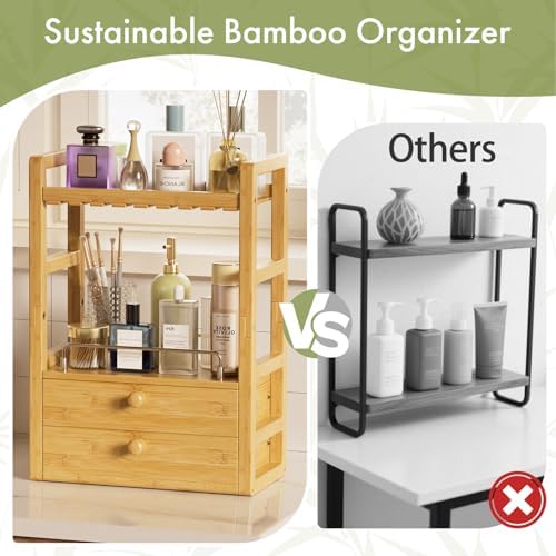 AmazerBath Bamboo Bathroom Counter Organizer, 2-Tier Makeup Organizer with 2 Drawers, Vanity Organizer Storage Coffee Matcha Station, Compact Shelf for Bathroom Kitchen Office Countertop - Image 6