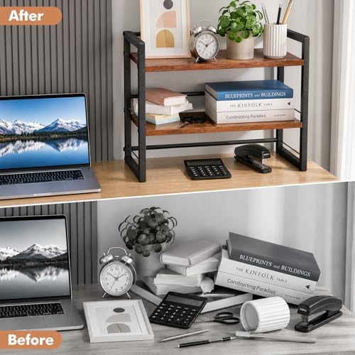Wooden Desk Shelf Organizer - 2 Tier Desktop Bookshelf Storage Rack, Brown - Image 6