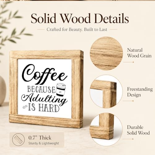 Funny Coffee Sign, Coffee Because Adulting Is Hard Wooden Plaque, Rustic Kitchen Counter Decor, Farmhouse Coffee Station Shelf Accent For Office Desk Cafe Corner, 5.9 x 5.9 in - Image 6