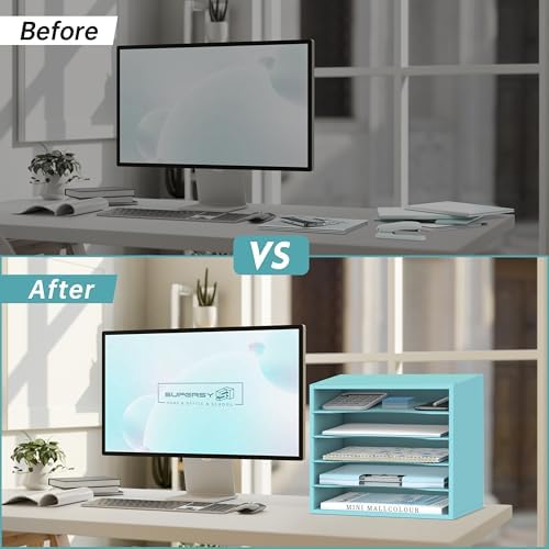 5 Tier Wood Desk Organizer, Mail Sorter and Paper Organizer for Desk, Blue - Image 6
