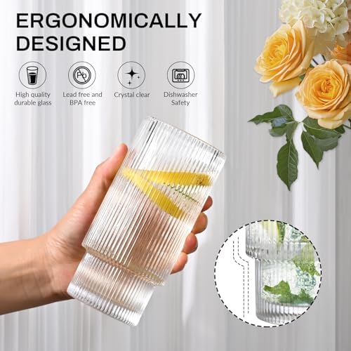 16OZ Ribbed Glass Cups with Lids and Straws,Iced Coffee Cups with Bamboo Lid,Vintage Glassware for Whiskey Cocktail Beer Fruit Juice Glasses Tumbler(4 Pack) - Image 7