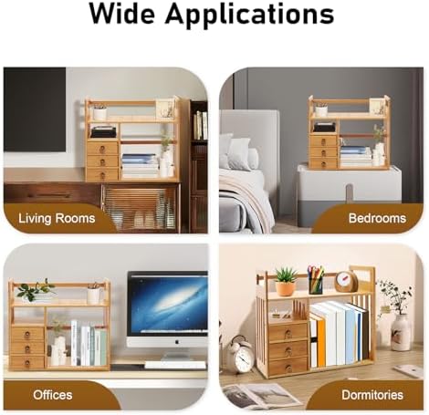 Bamboo Desktop Bookshelf, Desktop Bookshelf Organizer with 3 Drawers Desk Shelf Desktop Hutch Desk Bookshelf Desk Organizer Shelf Cute Small Desk Display Cubby Top for Home Office Bedroom - Image 7
