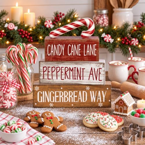 Moucuny 4 Pcs Christmas Table Decor Candy Cane Lane Sign, Wood Block Set - Image 6