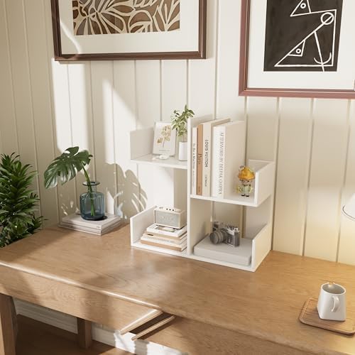 Modern 2-Tier Desk Bookshelf, Short Book Organizer, Display Shelf & Desktop Storage Rack, Space-Saving Desk Bookshelf for Books, Decor & Small Items, White - Image 6