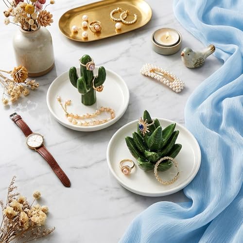 Elsjoy Set of 2 Ceramic Ring Holder Dish, Decorative Round Jewelry Display Trays, Aloe & Cactus Small Trinket Plate for Home, Gift, Mother's Day - Image 7
