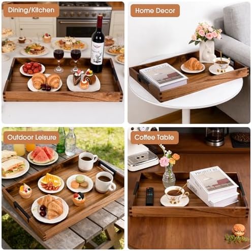 Large Ottoman Tray for Living Room and Coffee Table, Decorative Acacia Wood Serving Tray with Metal Handles for Breakfast in Bed, Dinner Food Kitchen TV (Natural, 24" x 15" x 2") - Image 6