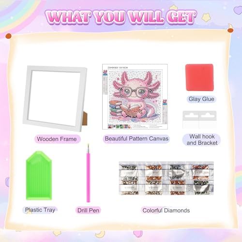 GHHKUD Cute Axolotl Diamond Art Painting Kits for Adults with Frame, Diamond Art Salamander Crafts for Ages 4-6-8-12, Easy to DIY Gem Painting Gifts Home Wall Decor 15x15cm - Image 7