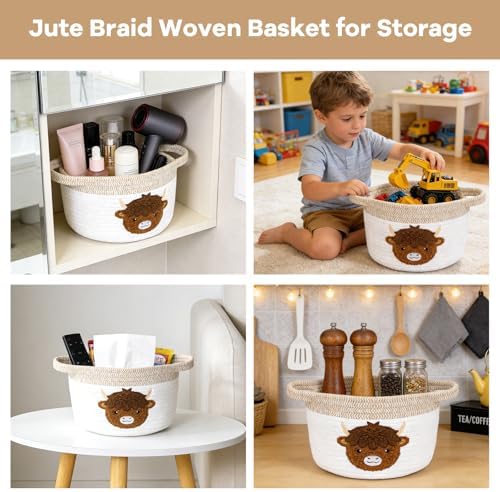 Highland Cow Gift Basket - Small Woven Cotton Rope Organizer Basket for Nursery, Pet Toys & Baby Shower, Foldable Decorative Bin with Handles (7.8x6in) - Image 6