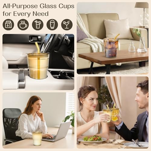 13oz Reusable Iced Coffee Tumbler with Lids,Clear Tumbler Water Glass,2 Pack Glass Cups with Straw and Lid,Glass to go Coffee Cup for Drinking Matcha, Water, and Juice(Amber - Image 7