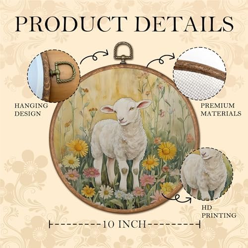 OFJE Spring Floral Lamb Wall Art Decor, Farmhouse Baby Sheep Nursery Round Wall Hanging Decor, Rustic Wildflower Animal Framed Canvas Prints for Nursery Kids Room Home Bedroom Decorations, 10x10 Inch - Image 6
