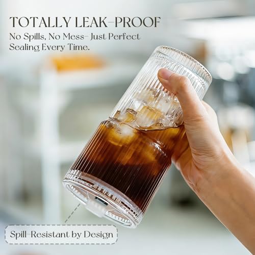 KEMORELA 20oz Ribbed glass cups with lids and straws, Iced Coffee Cups - Image 6