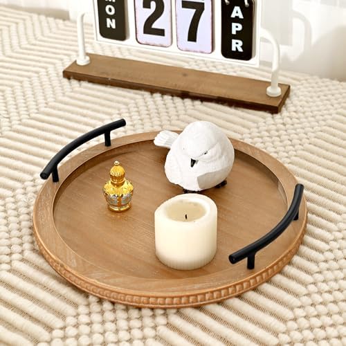 SwallowLiving Brown Wooden Beaded Serving Tray with Handle Decorative Rustic Tray for Coffee Table Farmhouse Round Tray for Kitchen, Living Room and Bedroom - Image 7