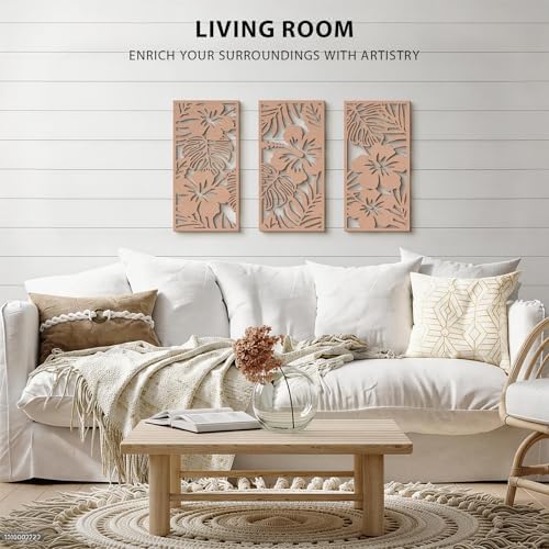 VIYYIEA Boho Solid Wood Carved Wall Art Set of 3, Geometric Minimalist Wooden Home Decor Panels, Handcrafted Solid Wood Wall Hanging for Living Room Bedroom Hallway, 16 x 8 Inch Each (Blooms) - Image 7