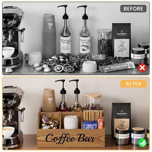 Coffee Station Organizer for Countertop – Wooden Coffee Bar Organizer with Adjustable Dividers,Holds K Cup Pod & syrup bottles, for Kitchen, Office, or Bar and Tea Station, Brown - Image 6