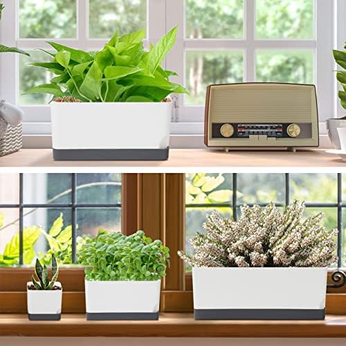Self Watering Planters Pots for Indoor Plants, 7 Pack 4+8+17 Inch Plastic Window Boxes Planters Herb Planter, Rectangle Rectangular Planter Windowsill Planters with Drainage and Saucer - Image 6