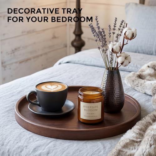 Round Bamboo Tray, 12 Inch Decorative Serving Tray with Walnut Finish Coffee Table Tray, Natural Bamboo Ottoman Tray for Vanity, Snacks, Vanity, Entryway & Home Decor - Image 7