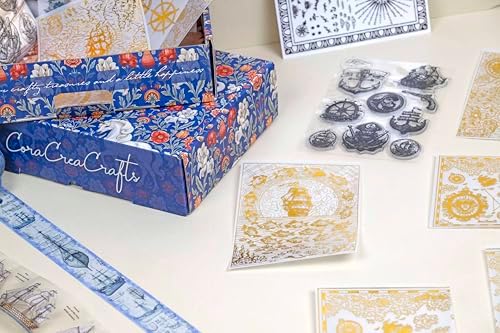 Navigation Box – 7-Piece Space and Astronomy Inspired Craft Set with Fantasy Constellation Tape, Washi Tape, Clear Stamps, Sticker Sheets, Foiled Vellum & Vintage Paper for Planners & DIY Projects - Image 7